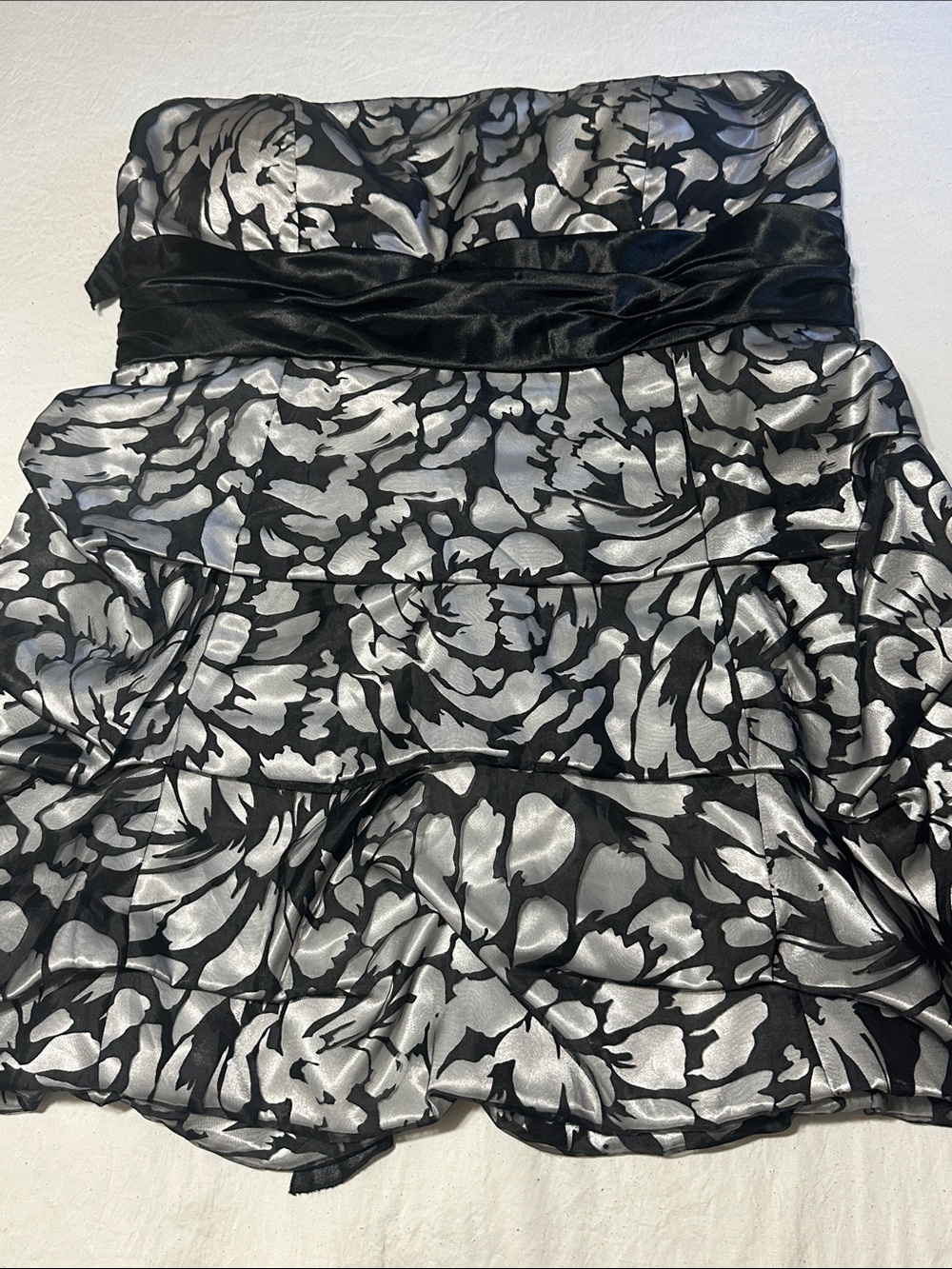 Strapless Black and Silver Floral Satin Party Dress